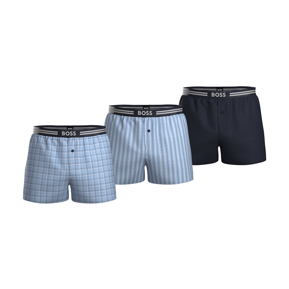 Se BOSS 3 Pack Woven Pyjamas Boxer Shorts sort&blå - L hos Fashionhero.dk